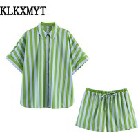 KLKXMYT Women Summer Shorts Set New Fashion Stripe Loose Shirt Top+High Street Mid-Waist Casual Shorts Suit