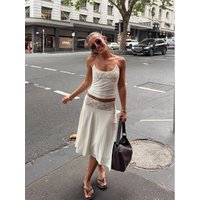 Sexy Lace Patchwork Sling Top Irregular Skirt Suit Women Cropped Halter Tops Pleated Skirts Set Lady Summer Holiday Outfit
