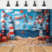 Nautical themed backdrop - sailboat, shells and starfish pattern, perfect for summer parties and birthday celebrations
