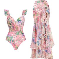 Women Swimwear Summer Floral Printed V-neck Swimsuit One-piece Bodysuit Bikini Set Beach Style Wear Maxi Dress Skirt Vacation