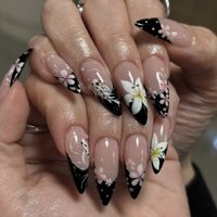 24Pcs Almond Black Edge French Manicure Tips with Flower Koi Polka Dot Press on False Nails Detachable Full Cover Fake Nails Art