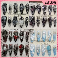 Gentle Temperament Romantic 3D Flower Handmade Press On Nail High Quality Butterfly Chain Rhinestone Wearable Nail Party Sticker