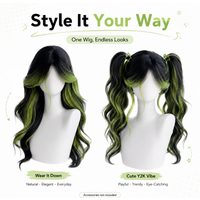 Black & Lime Green Long Wavy Synthetic Wig, Y2K Middle Part Cosplay Wig with Soft Curtain Bangs, Heat Resistant Fashion Wig