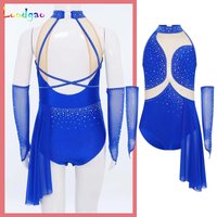 Kids Girls Figure Skating Bodysuit Ballet Dance Leotard Dress Modern Lyrical Classical Performance Costume Skirted Leotard+Glove