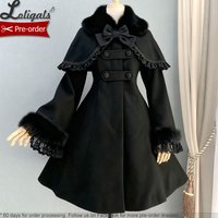 Gothic Lolita Coat Women's Winter Long Cosplay Coat with Flare Fur Cuff Sleeves and Cape Jacket Custom Tailored