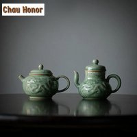 Boutique Yue Kiln Celadon Ceramic Teapot Relief Dragon And Phoenix Art Single Pot With Filter Household Kung Fu Tea Maker Tools