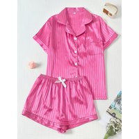 Two-Piece Set of Comfortable Satin Striped Printed Collared Button-Down Short-Sleeve Top with Pockets and Bow Shorts, Spring/Summer Women's Pajama Loungewear Set Suitable for Home Use
