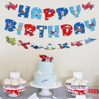 Airplane Banner,Transportation Theme Party Decoration Adult Baby Kids Airplane Happy Birthday Pull Flag