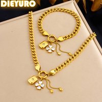 DIEYURO 316L Stainless Steel Flower Zircon Starburst Square Pendant Necklace Bracelet Set Women New Waterproof Jewelry Gift Set