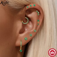 Aide 1PC Natural Green Chalcedony 925 Sterling Silver Piercing Earrings For Women Simple Green Moss Ear Stud Jewelry Pendientes