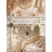 Boho Macrame Leaf Garland with Green White Pom-Pom Ball Handmade Woven Leaf Banner Wall Hanging for Bedroom Fireplace Home Party