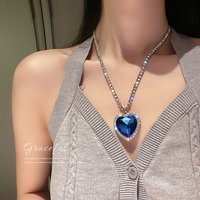 Colliers en forme de cœur bleu océan pour femmes, colliers longs en cristal et strass, bijoux Love Forever pour cadeaux de fête K