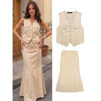 HH Women Elegant V Neck Sleeveless Vest Long Skirt With Pockets Suit Office Workwear Business Weekend Party High Street Set
