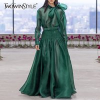 TWOTWINSTYL Solid Sheer Two Piece Set For Women Round Neck Long Sleeves Spliced Bownot Top High Waist Skirt Elegant Sets Female