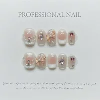 10Pcs Handmade Press On Nails Short Glitter French Fake Nails Full Cover Pink 3D Diamond Butterfly Design Wearable Nail Tips Art