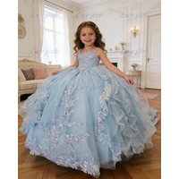 Luxury Lace Applique Flower Girl Dress with Ruffles Sequin Girls Pageant Dresses Layered Ball Gown Dress for Girls with Bow
