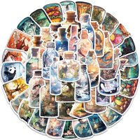 50PCS Stickers The World in a Bottle Print Harajuku Nostalgia Cartoon Coffee Laptop Skateboard Luggage Art Aesthetic Sticker