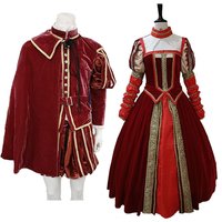New ! Tudor Renaissance King Queen Costume Red Royal Noble Suit Tudor Elizabethan King Henry Anne Boleyn Red Ball Gown Set