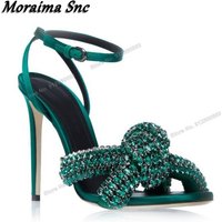 Moraima Snc Bow Knot Green Crystal Sandals for Women Ankle Buckle Solid High Heels Shoes Woman Stilettos Heels Open Toe Sandals