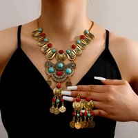 Women's Indian Gypsy Jewelry Set, Bohemian Retro Blue Acrylic Bead Tassel Necklace & Earrings, African Ethnic Ornament