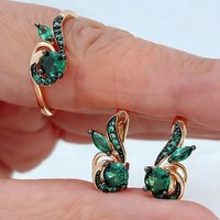 Kinel Hot Green Natural Zircon Ring Earrings Necklace For Women Fashion 585 Rose Gold and Black Plating Vintage Jewelry Sets
