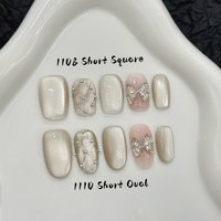 10pcs Handmade Pressed Short Square/Oval Nail,Beautiful Fake Nails, Shiny Rhombic Cat's Eye Zircon Bow,Suitable For Women To Use