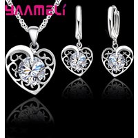 Romantic Heart Jewelry Set Women 925 Sterling Silver Color Wedding Pendant Necklace Charm Hoop Earring Elegant Party Gift