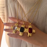 Stainless Steel 18k Gold Plated Vintage Chunky Luxury Lava Large Zirconia Cross Pendant Necklace for Women Tarnish Free Jewelry