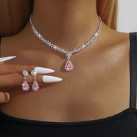 TREAZY NEW Charm Pink Crystal Rhinestones Bridal Jewelry for Women Waterdrop Necklace Earrings Fashion Wedding Jewelry Sets Gift