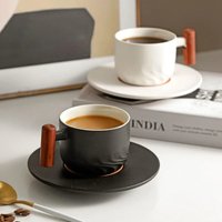 55/80ml Ceramic Retro Coffee Cup Office Water Cup Filter Tea Mug Wooden Handle Coffee Mug Handmade Tea Coffee Cup Birthday Gift