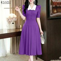 ZANZEA Women Elegant Midi Dress Contrast-Color Turn-Down Collar Short Sleeve Cinch Waist A-Line Dresses Classy Day to Night Robe