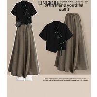Summer New Chinese Style High Waist Slimming Wide Leg Pants Two-Piece Set Women's Retro Button Stand Collar Zen Clothing