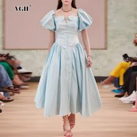 VGH Vintage Dance Wrap Skirt for Women Square Collar Puff Sleeve High Waist Patchwork Single Breasted Runway Style Dress Female