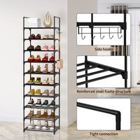10-tier shoe rack with narrow profile and hooks, easy to assemble, space-saving, ideal for bedrooms, hallways, and entrances