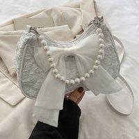 Y2K Ballet Organza Bow Pearl Chain Underarm Bag Women Ruched Fabric Shoulder Bag Sweet Fairy Style Crossbody Handbag Daily Purse