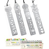 4 Pcs Metal Bookmark Ruler with 2 Pack Random Sticky Notes, Hollow Out Stainless Steel Drawing Ruler Painting Stencils Scale Tem