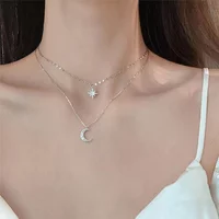 2023 Simple Double Layer Star Moon Charm Multilayered Necklace Delicate Clavicle Chain Zircon For Women Fashion Jewelry A0459
