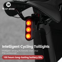 WEST BIKING Two Mount Options Smart Bicycle Tail Light Brake Sensing IP66 Waterproof 100H Long Runtime Cycling Rear Light