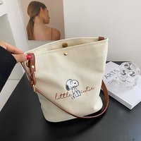 2026 New Women's Snoopy Canvas Bucket Bag Embroidered "Little Cute" Cartoon Shoulder Bag Leather Strap Casual Daily Handbag
