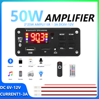 50W Audio Amplifier Board 2.0 Channel DC6V-12V Mini Stereo AMP with Remote Control Power Cord Speaker Wire Black Plastic Case