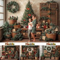 Mocsicka Christmas Tree Room Background Photography Green Xmas Wreath Wooden Gift Booth Backdrop Kids Family Photo Studio Props