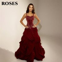 ROSES Burgundy Party Dresses Spaghetti Strap Sleeveless Evening Dresses with Beaded Bodice فساتين السهرة Customized