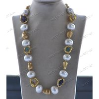 Z12456 22'' White Egg Shell Pearl Baroque Citrine Amethyst Aquamarine Necklace