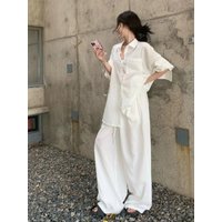 Elegant White Neck Shirt Loose Wide Leg Pants Women's Autumn Casual Two-Piece Set Comfortable Breathable Fashionable