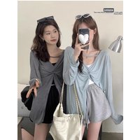 Summer New Loose Long Sleeve Ice Silk Sun Protection Shirt V-Neck Thin Air Conditioning Top Women's T-Shirt Korean Style Commute