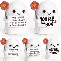 Cute Crochet Emotional Support Little Flower Ghost Doll With Card Ornament Handmade Knitted Ghost Doll Christmas Gift Home Decor