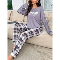 Two-piece set of women's letter-print long-sleeved checked pants for all seasons (spring, summer, autumn, winter) for home wear