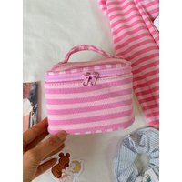 Pink Striped Makeup Bag Women Vintage Portable Zipper Mirror Cosmetic Travel Organizer Girls Cute Sweet Handbag Toiletry Pouch