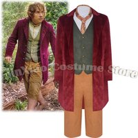 Movie Bilbo Baggins Cosplay Hobbit Costume Suede Fabric Red Coat Vest Pants Set Men Halloween Carnival Party Uniform Outfits