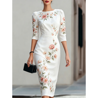 Women's Elegant Party Midi Dress Round Neck 3/4 Sleeve White Floral Print Slim Bodycon Dress For Vacation Casual Office Vacation